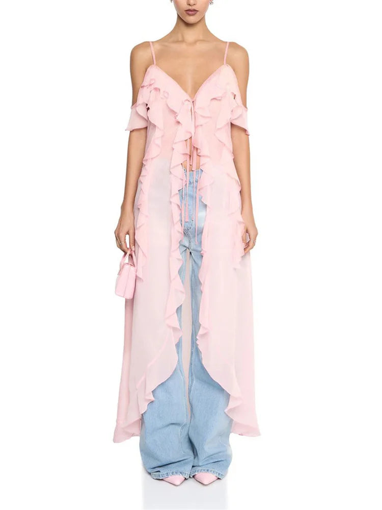 Ruffled Fringe Strap V-Neck Long Top