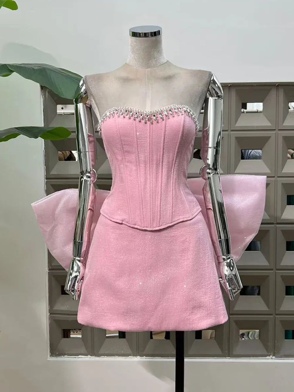 Diamond Strapless Large Bow Corset Top And Mini Skirt Set