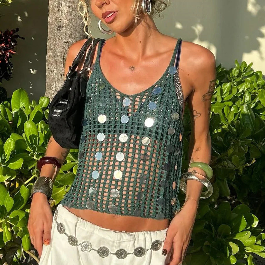 Green Knit Sequin Top - Y2K Tank