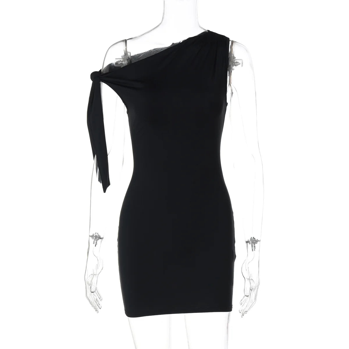 Black One Shoulder Tie Up Mini Dress