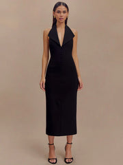 Deep Neck Large Collar Buttoned Halter Midi Dress