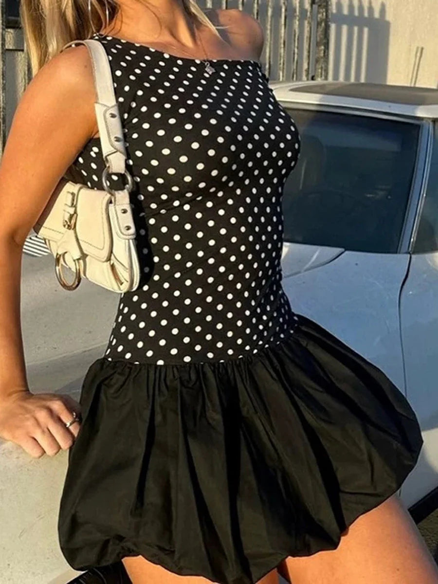 Black Off-shoulder Polka Dot Bubble Mini Dress