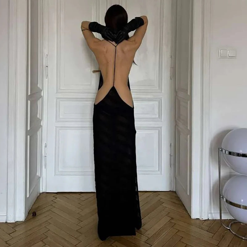 Striped Sheer Maxi Dress â€?Black Open Back Style