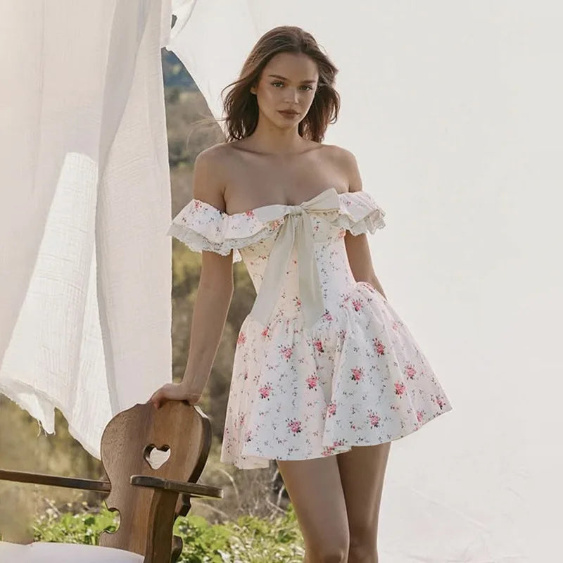Off Shoulder Floral Printed Mini Dress