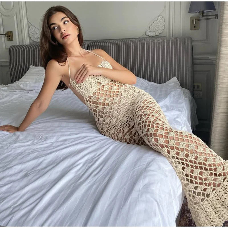 Summer Crochet Lace Up Halter Beach Robe