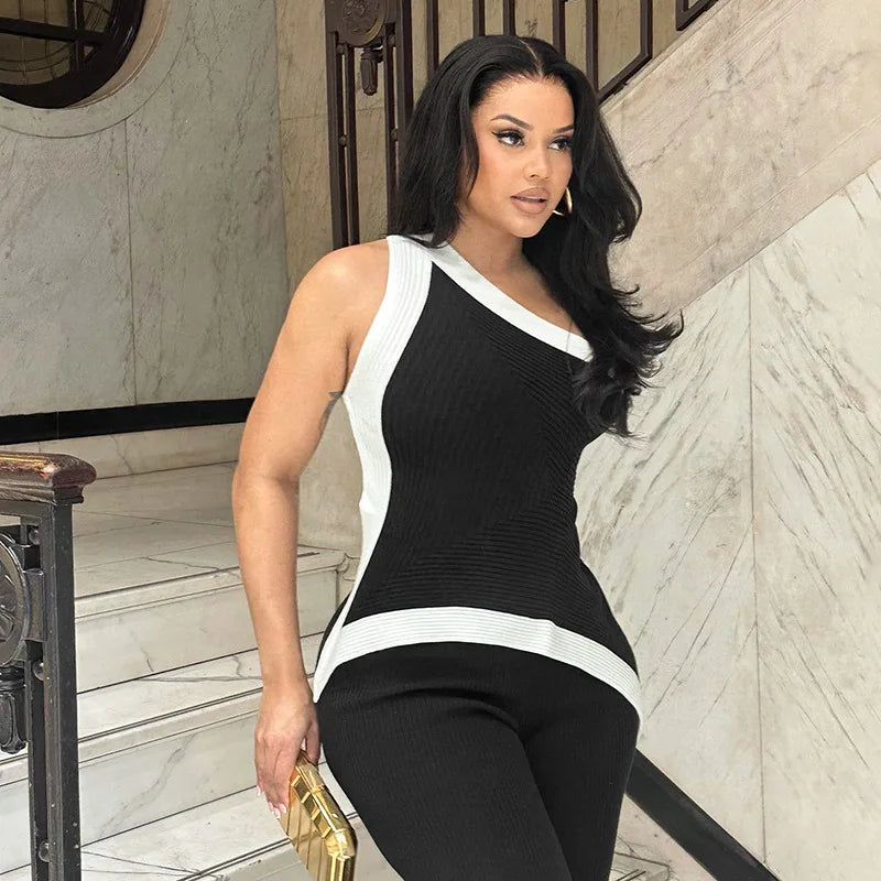 Black and White Color Block Asymmetrical One Shoulder Top