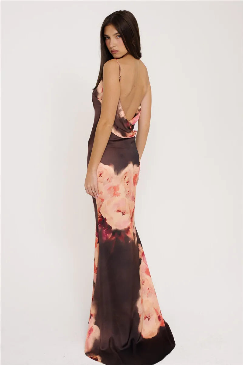 Brown Satin Floral Print Maxi Dress