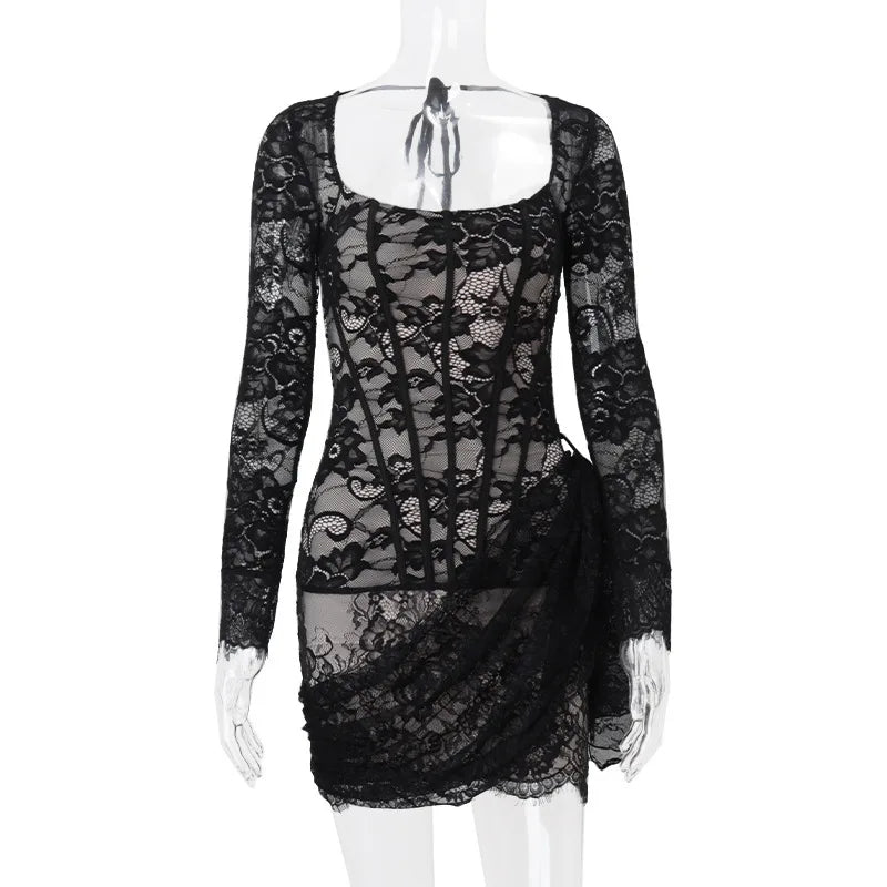 Black Long Sleeve Lace Bodycon Drape Mini Dress