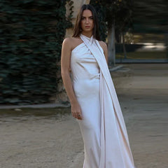 Satin Long Draped Halter Maxi Dress