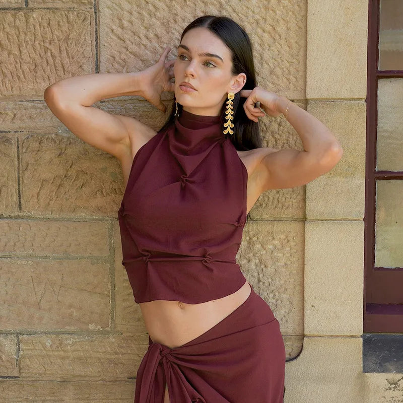 Halter Pinched Ruched Open Back Top