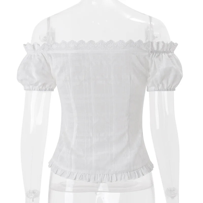 White Lace Up Tie Up Ruffle Top