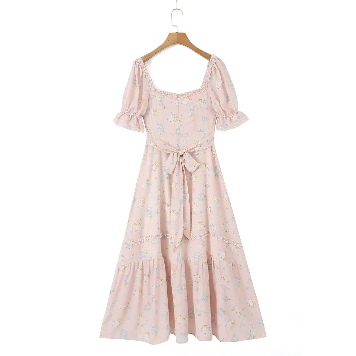 Floral Print Puff Ruffles Sleeve Midi Dress