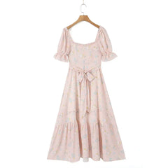 Floral Print Puff Ruffles Sleeve Midi Dress