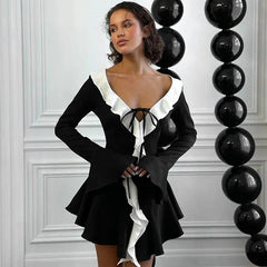 Black Long Sleeve White Ruffles Mini Dress