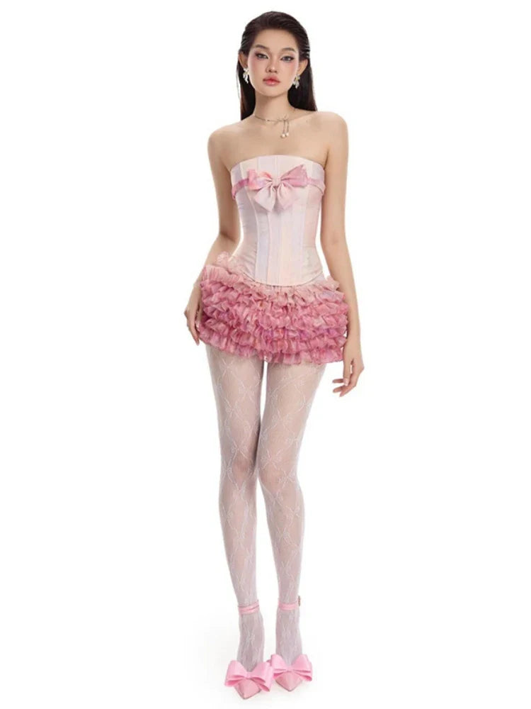 Strapless Corset Top And Ruffles A-line Mini Skirt Set