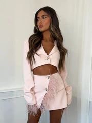 Pink Cropped Feather Blazer And Mini Skirt Two Piece Set