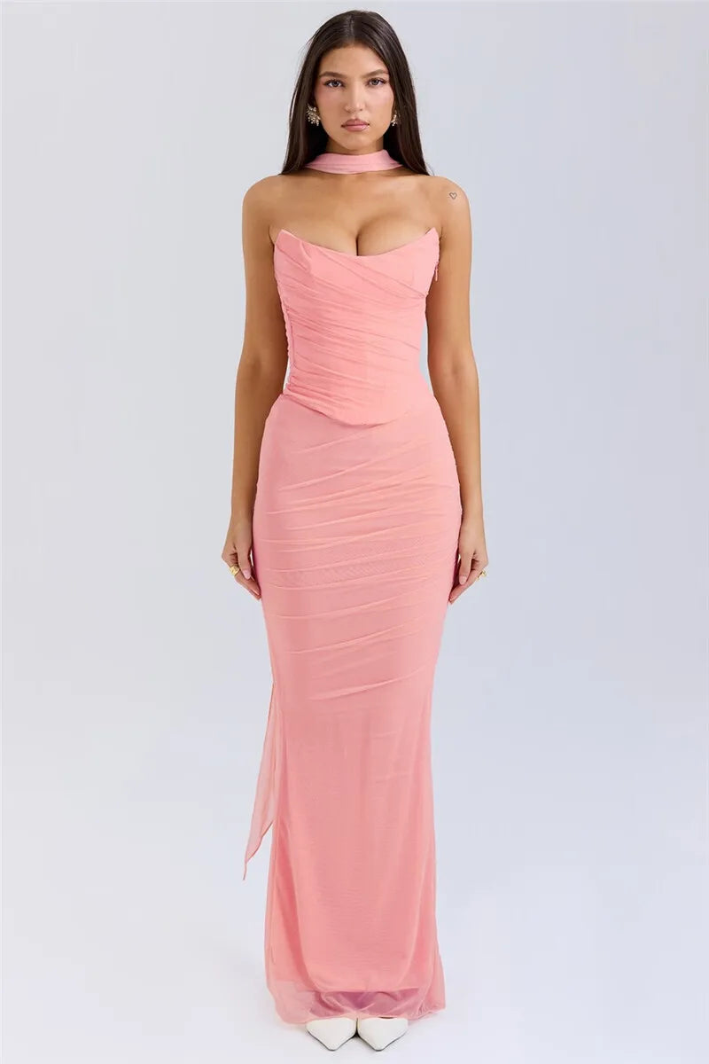 Corset And Bodycon Maxi Skirt With Neckerchief Set