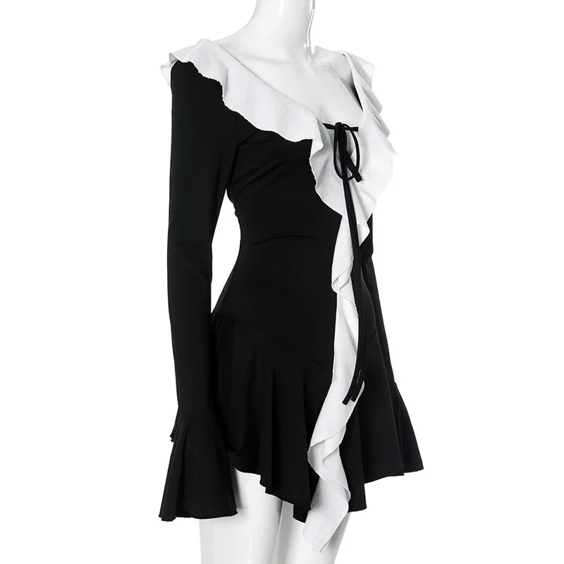 Black Long Sleeve White Ruffles Mini Dress