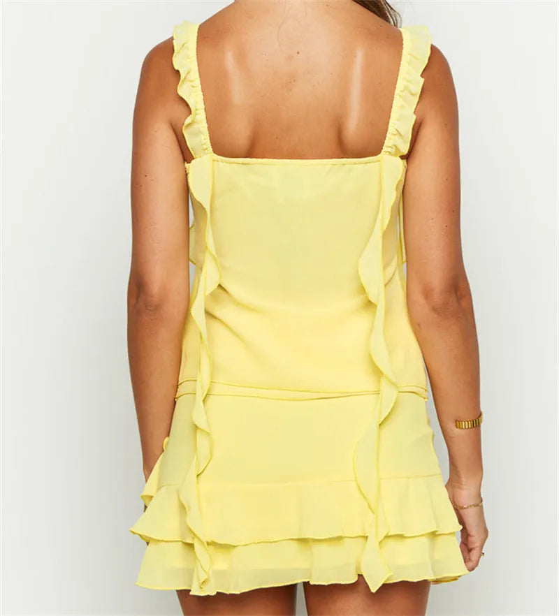 Yellow Ruffle Crop Top And Mini Skirt Set