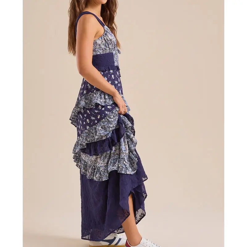 Blue Floral Print Ruffled Maxi Dress