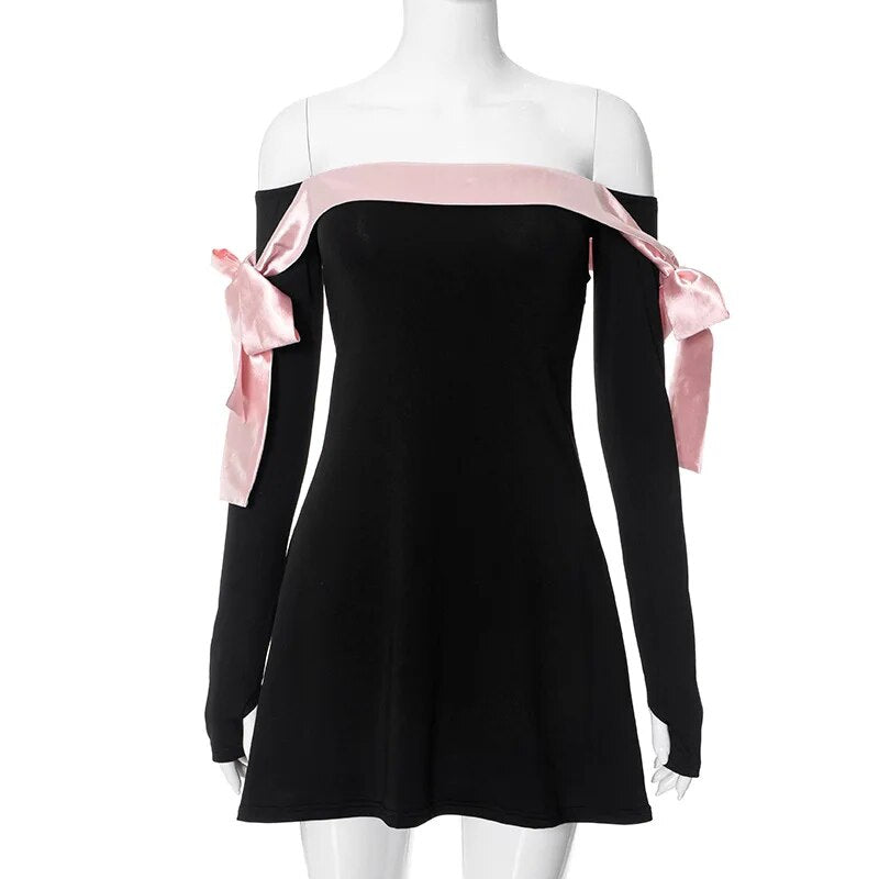 Black Off-shoulder Bow Long Sleeve Mini Dress