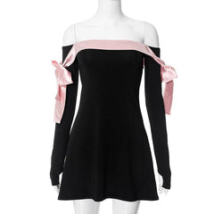Black Off-shoulder Bow Long Sleeve Mini Dress