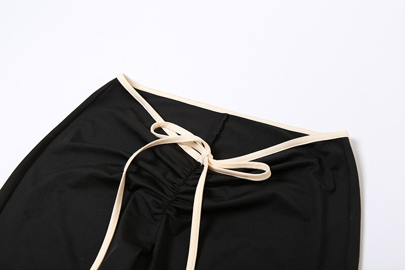 Black Ribbon Tie-Up Top And Pants Two Piece Set