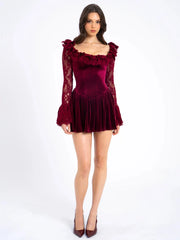 Red Velvet Long Sleeve Flare Mini Dress