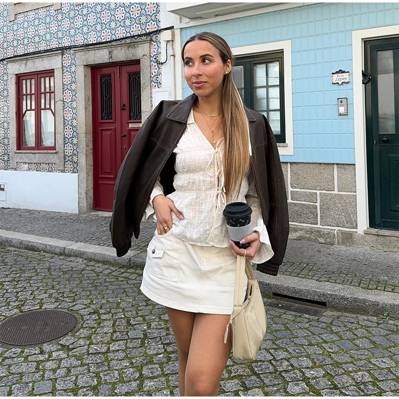 White Ruched Tie Up Long Sleeve Top