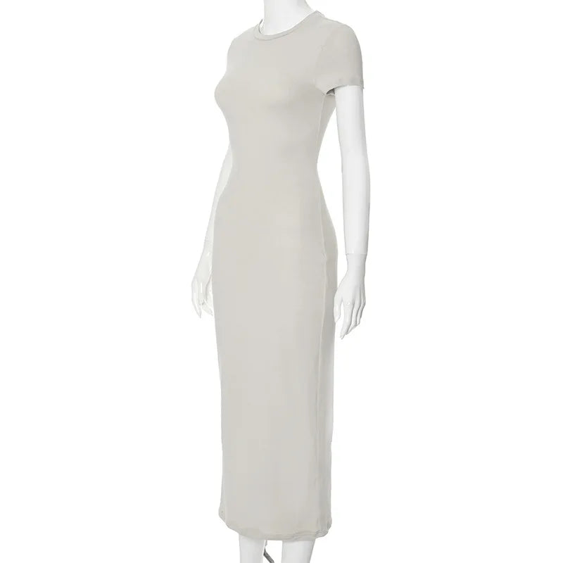 Crewneck Solid Short Sleeve Bodycon Long Dress