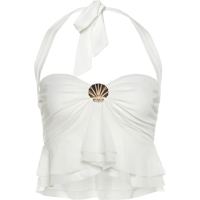 White Sheel Halter Crop Top