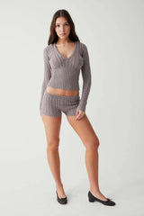 Long Sleeve Knitted V-Neck Hooded Sweater And Shorts Set