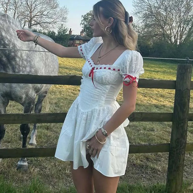 White Puff Sleeve Red Ribbon Lace Up Mini Dress