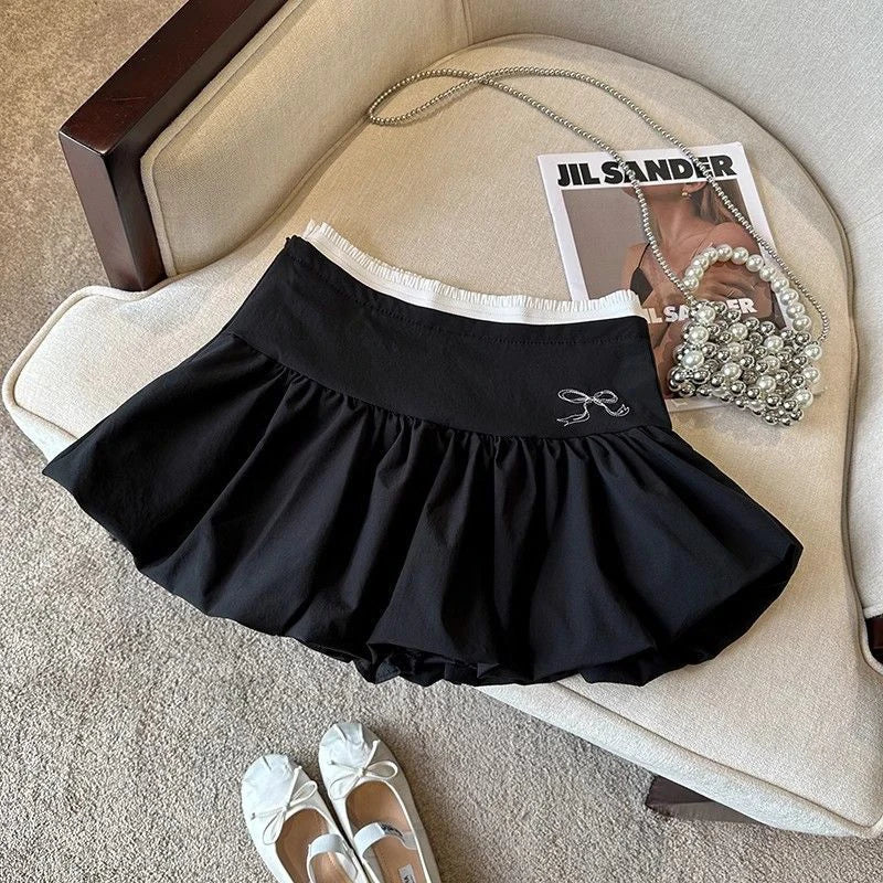 Bow Patchwork Pleated Mini Skirt
