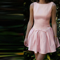 Solid Sleeveless Front Bow Mini Dress
