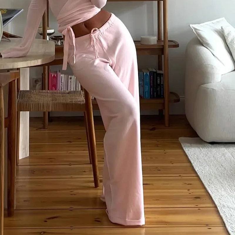 Solid Wrap Around Top And Drawstring Pants Set