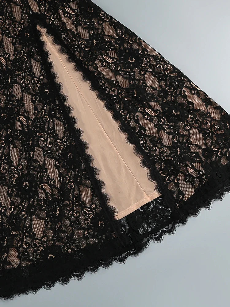 Black Lace Cut Out Long Sleeve Slit Maxi Dress
