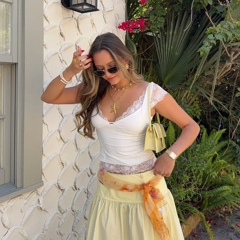 White Lace Trim Short Sleeve Top