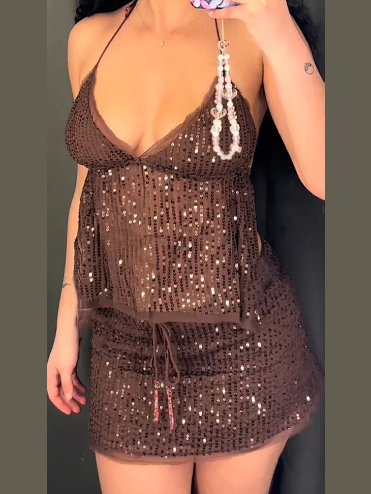 Sheer Strap Sequin Top Lace Up Mini Skirt Set