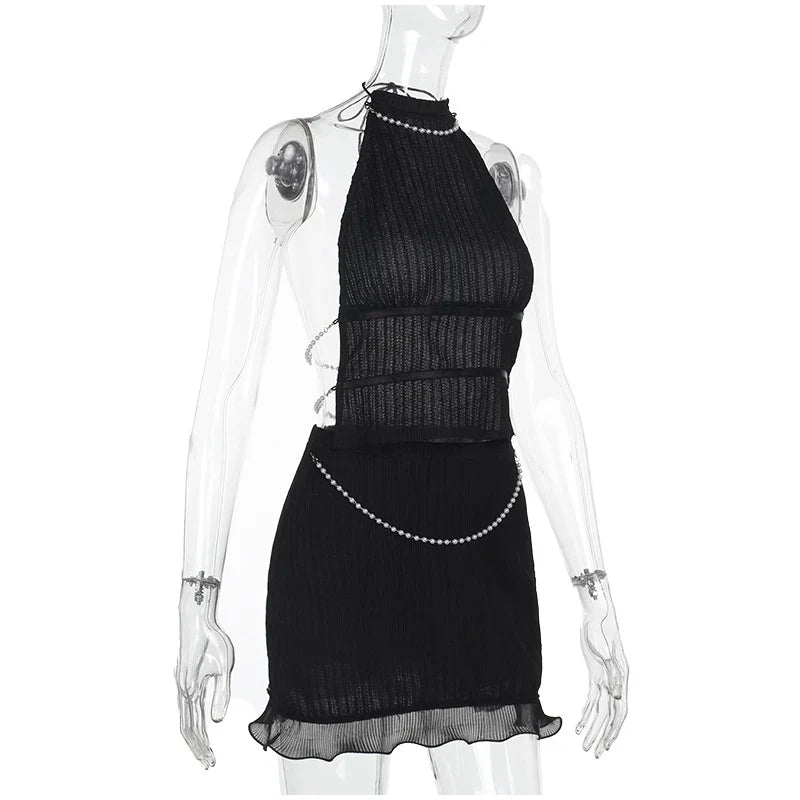 Open Back Beading Halter Crop Top And Mini Skirt Set