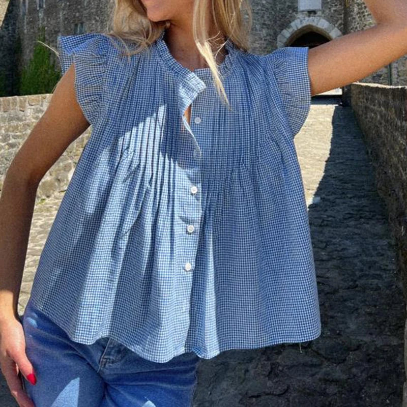 Floral/Plaid Patterm Flowy Peplum Blouse