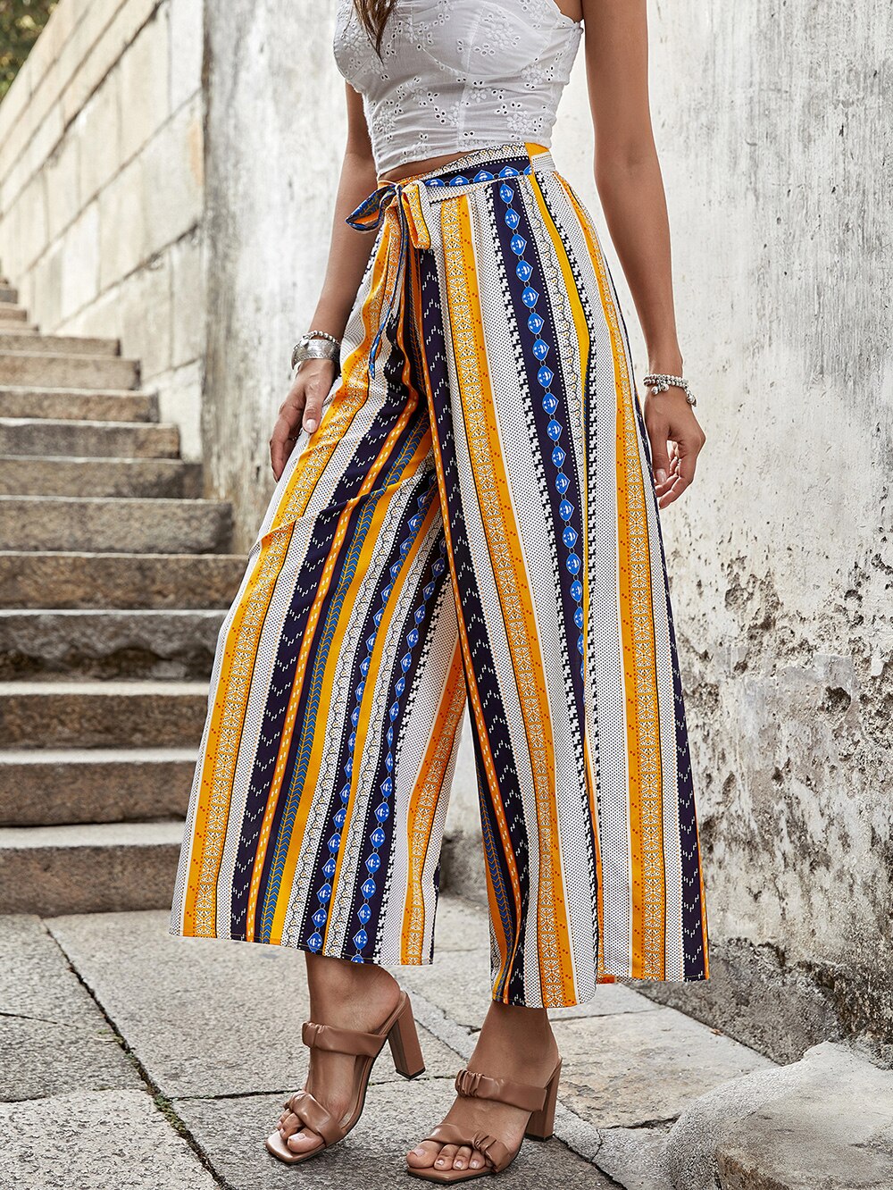 Boho Print Striped Split Pants