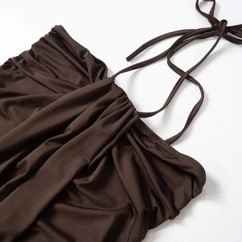 Brown Halter Strap Puff Mini Dress