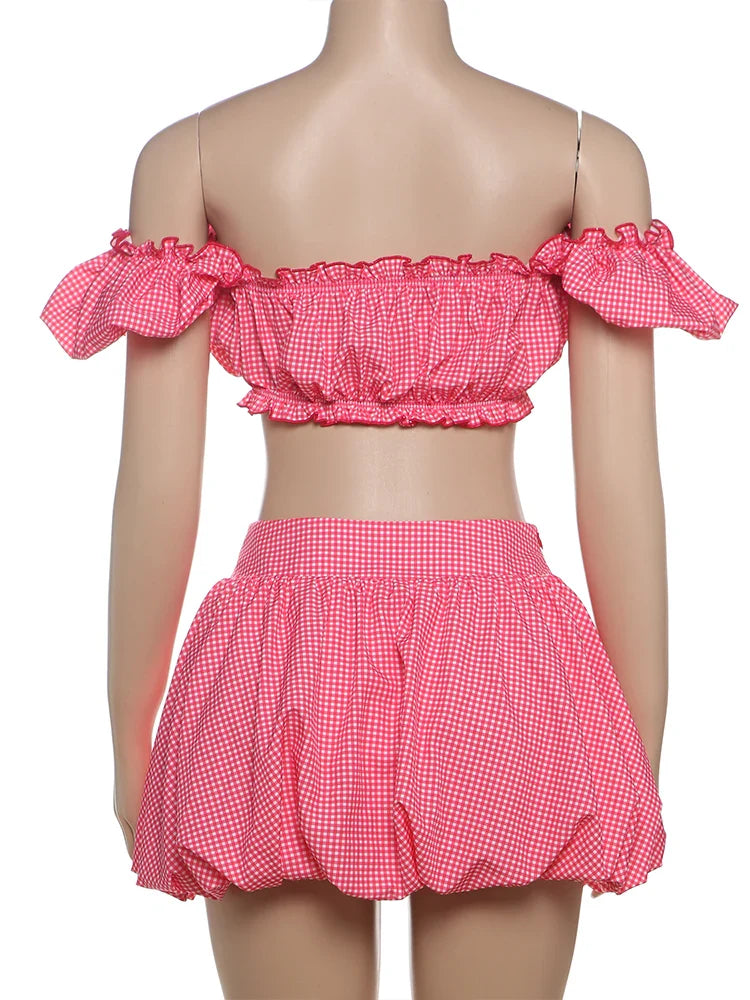 Pink Plaid Off shoulder Crop Top And Mini Skirt Set