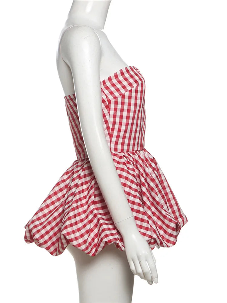 Red And White Checkered Print Strapless Top