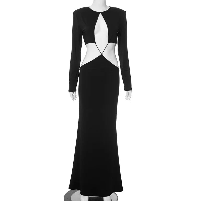 Black Long Sleeve Criss Cross Strap Cut Out Maxi Dress
