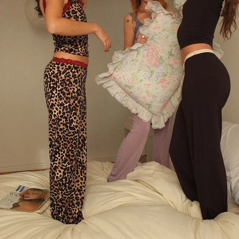 Leopard Printed / Solid Lace Trim Wide Leg Pants