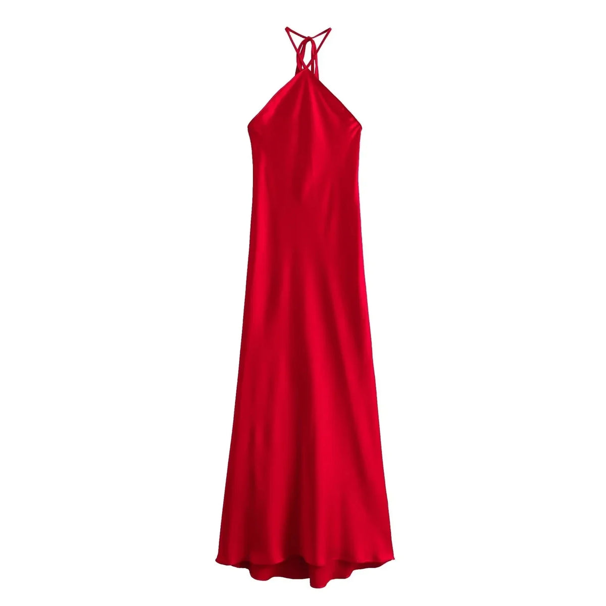 Red Satin Halter Maxi Dress