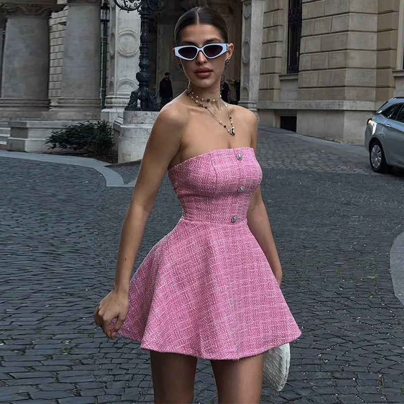 Tweed Strapless Buttoned Mini Dress