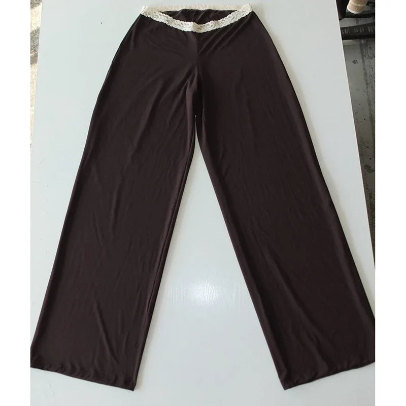 Leopard Printed / Solid Lace Trim Wide Leg Pants